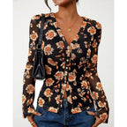 Button Down Shirts for Women 2026 Spring Boho Tops V Neck Long Sleeve Blouses Ruched Mesh Fitted Fashion Clothing