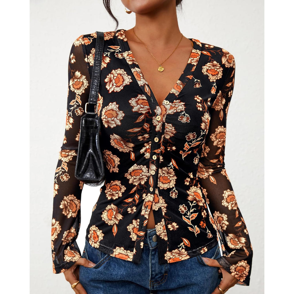 Button Down Shirts for Women 2026 Spring Boho Tops V Neck Long Sleeve Blouses Ruched Mesh Fitted Fashion Clothing