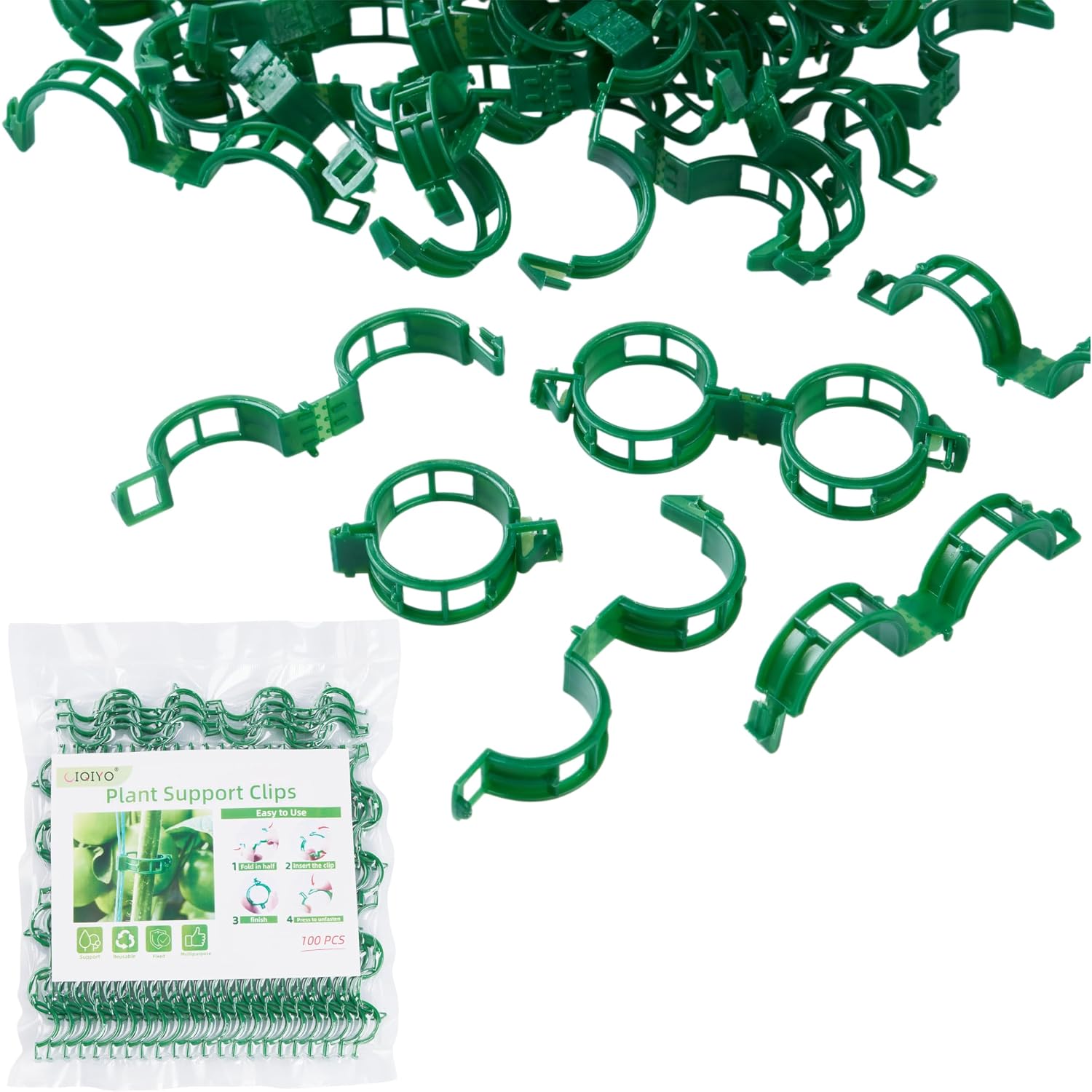 Ciqiyo® 100 Pcs Plant Support Clips,Plastic Clips For Securing Plants | Tomato Vine Clips,Garden Clips For Climbing Plants,Grape And Vine Vegetables,Reusable,Vacuum Packaging (100, Green)