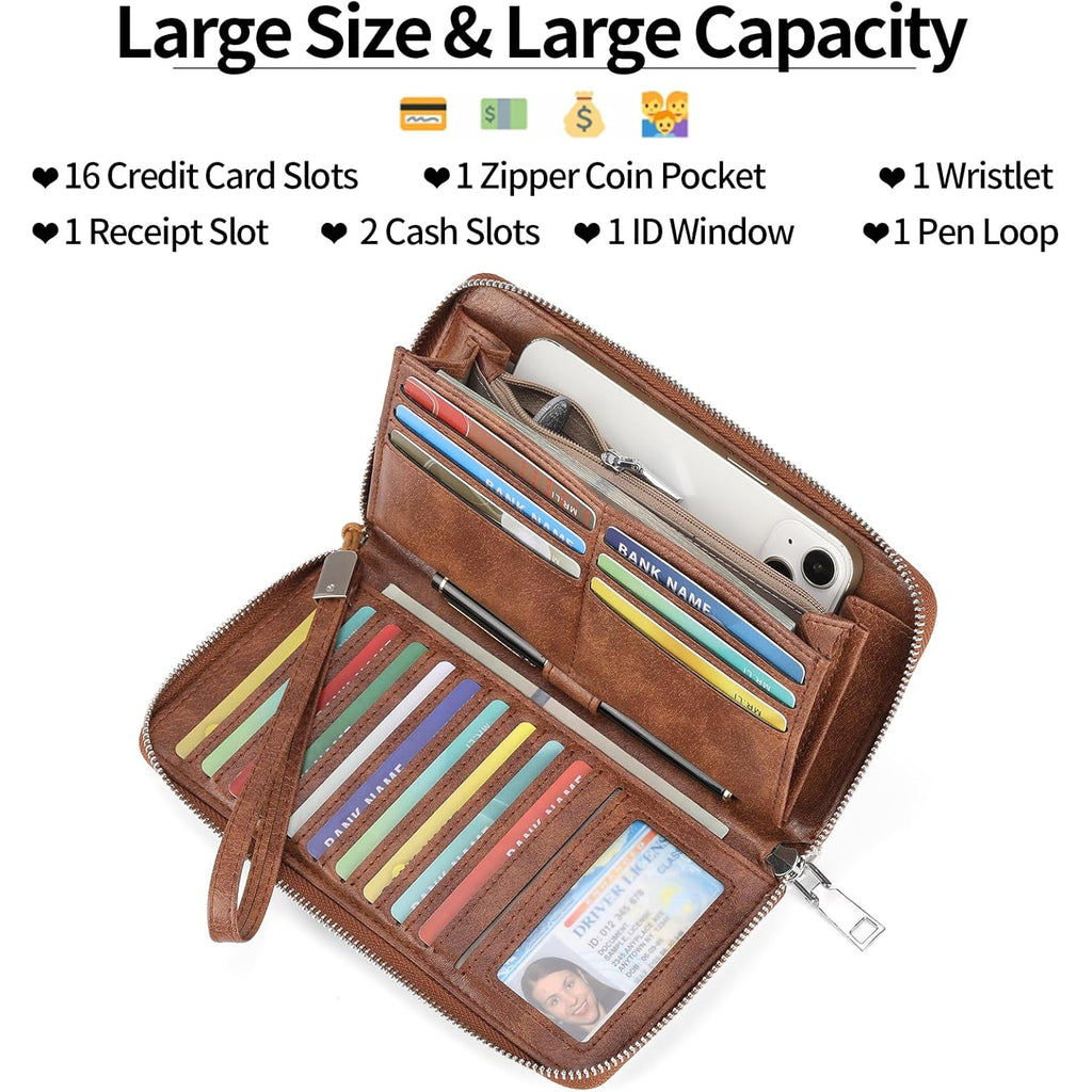 GOIACII Womens Wallet RFID Blocking Leather Large Capacity Long Purse Card Clutch Wristlet