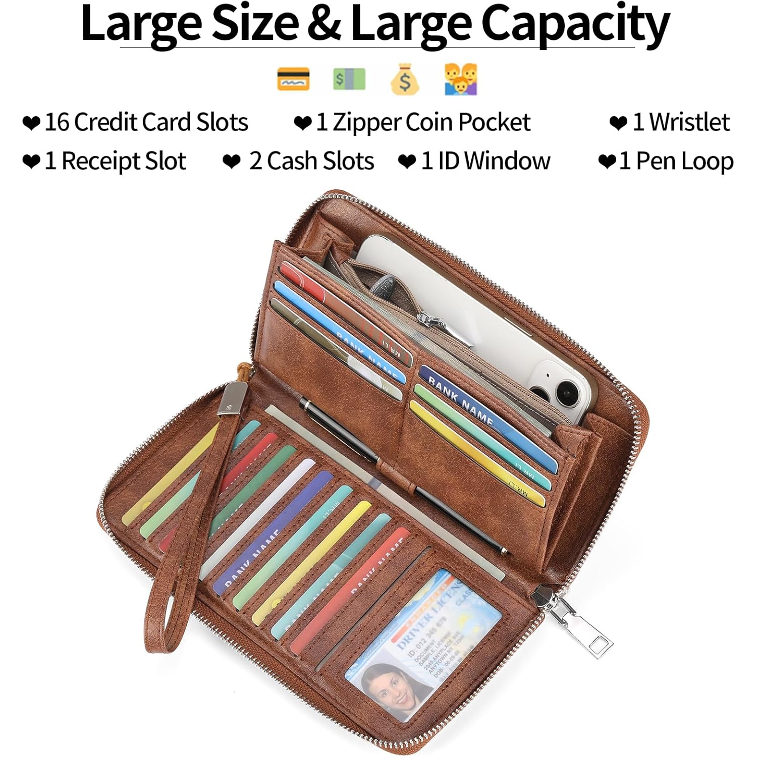 GOIACII Womens Wallet RFID Blocking Leather Large Capacity Long Purse Card Clutch Wristlet