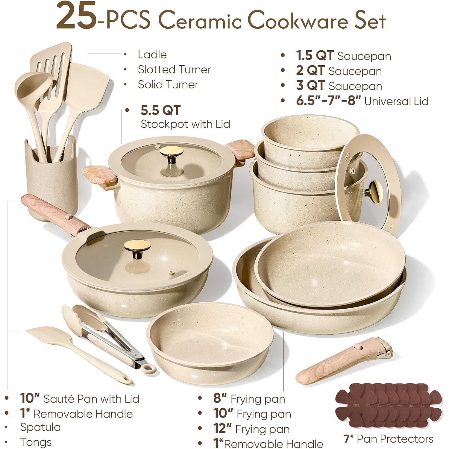 Carote 25Pcs Ceramic Cookware Set, Pots And Pans Set Non Stick, Rv Kitchen Cooking Set Removable Handles, Oven Safe, Induction Cookware, Non-Toxic Kitchen Cooking Set, Pfas And Pfoa Free