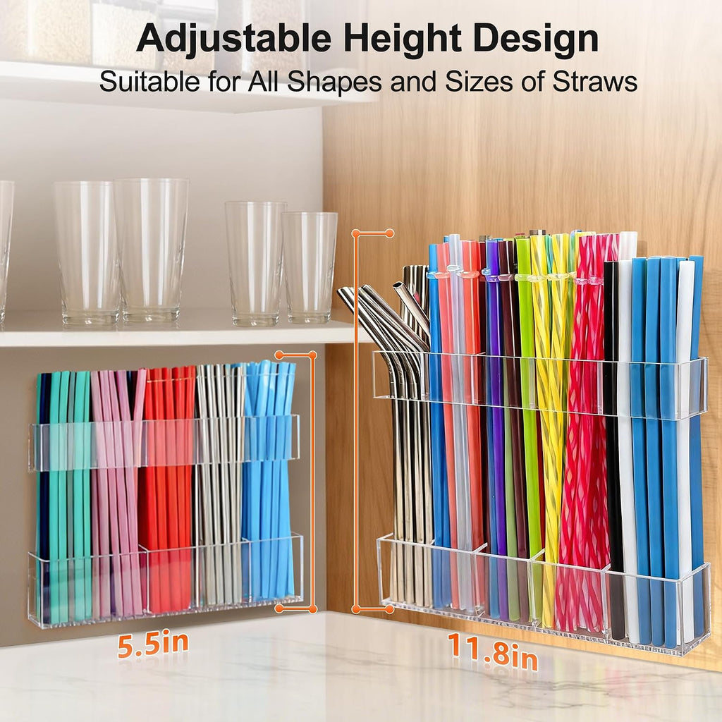 9.5” Large Acrylic Straw Holder For Cabinet Door, Reusable Adjustable Two-Part Straws Organizer With Ultra Sticky Adhesive Strips, 2026 Straw Storage For Kitchen Cupboard (Transparent)