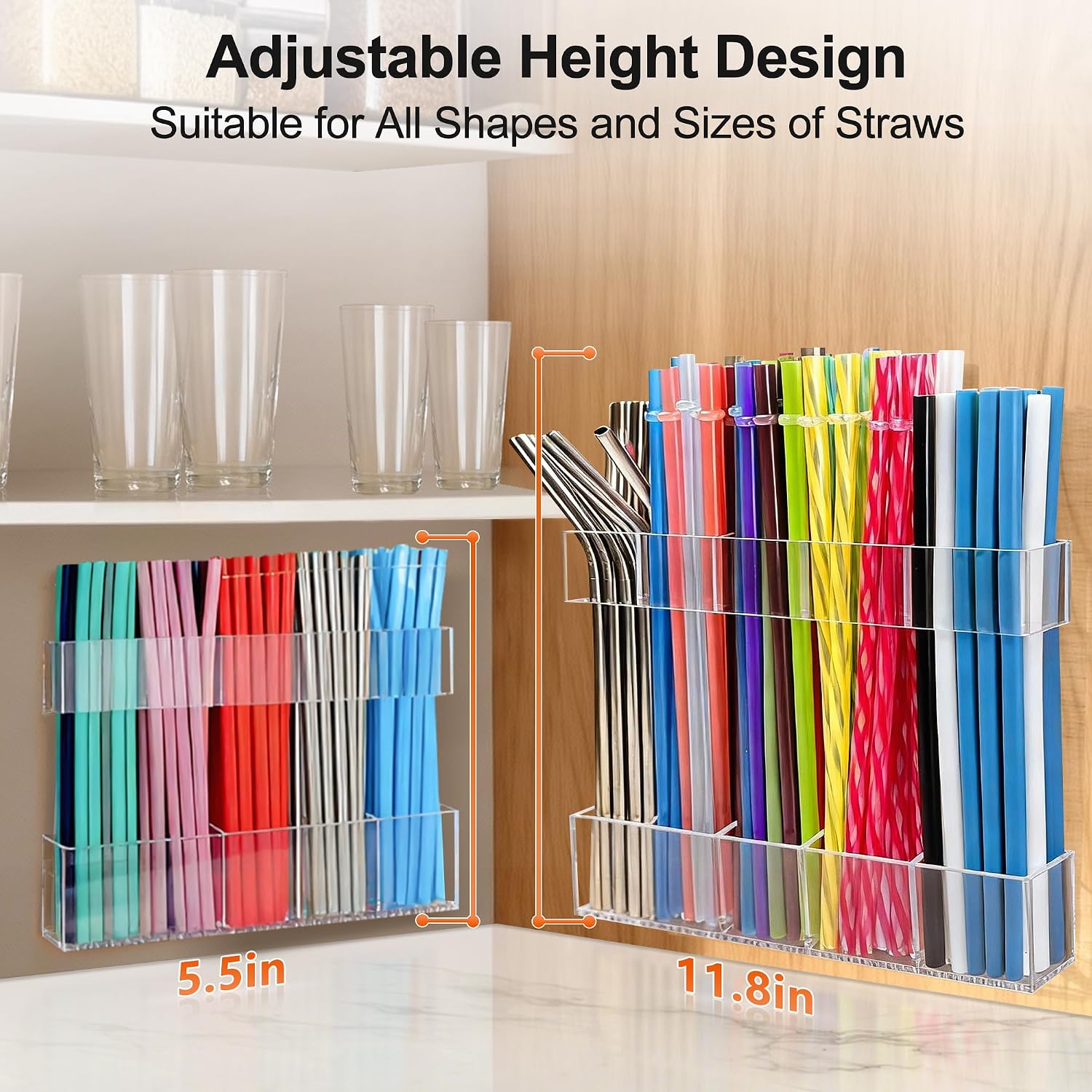 9.5” Large Acrylic Straw Holder For Cabinet Door, Reusable Adjustable Two-Part Straws Organizer With Ultra Sticky Adhesive Strips, 2026 Straw Storage For Kitchen Cupboard (Transparent)