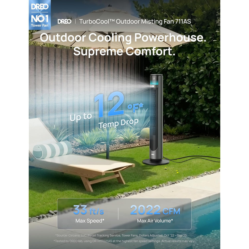 Dreo Turbocool Outdoor Misting Fan 711As, 33 Ft/S High Velocity, 20Db Quiet | 12 Speeds, 4 Modes, 150° Customizable Oscillating, Smart Standing Fan For Bedroom, Dc Motor, Ipx4-Rated Weather Resistant