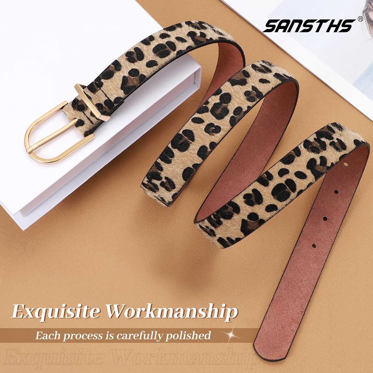 SANSTHS Women Faux Leather Chic Belts for Jeans Pants Dresses, Fashion Ladies Belt Solid Color with Gold Curved Pin Buckle