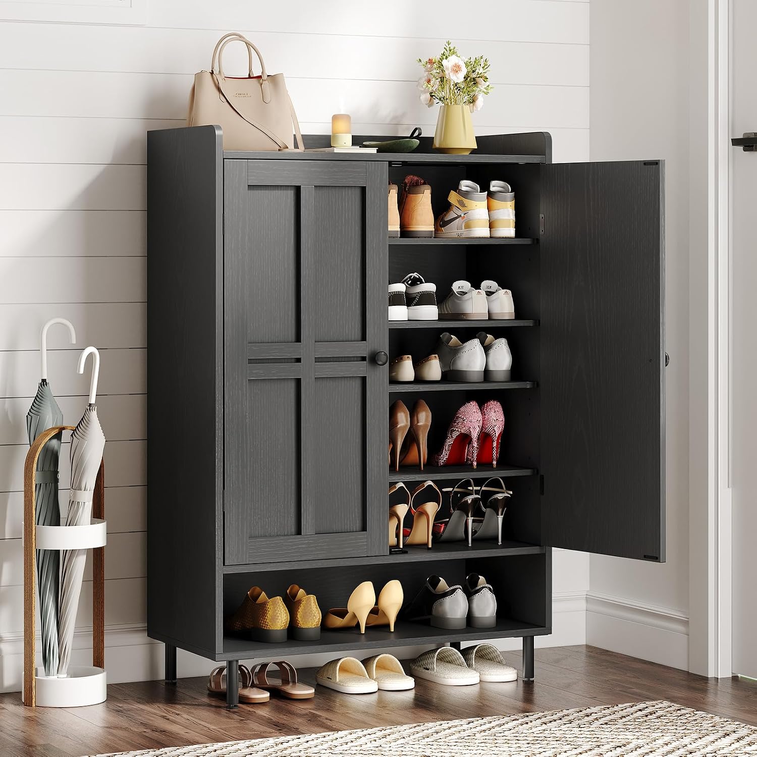 Shoe Cabinet With Cross Molding Doors, 6-Tier Shoe Storage Cabinet With 3 Adjustable Shelves And Metal Legs, 45'' Tall Shoes Rack Organizer Cabinet For Entryway, Front Door, Black