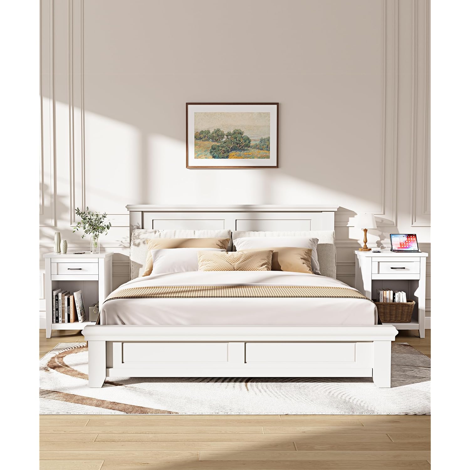 Decofy Farmhouse Nightstand With Charging Station & Large Storage, Set Of 2 Modern End Tables With Outlets, Usb Ports And Type-C Ports, Easy Assembly For Bedroom (Pure White)