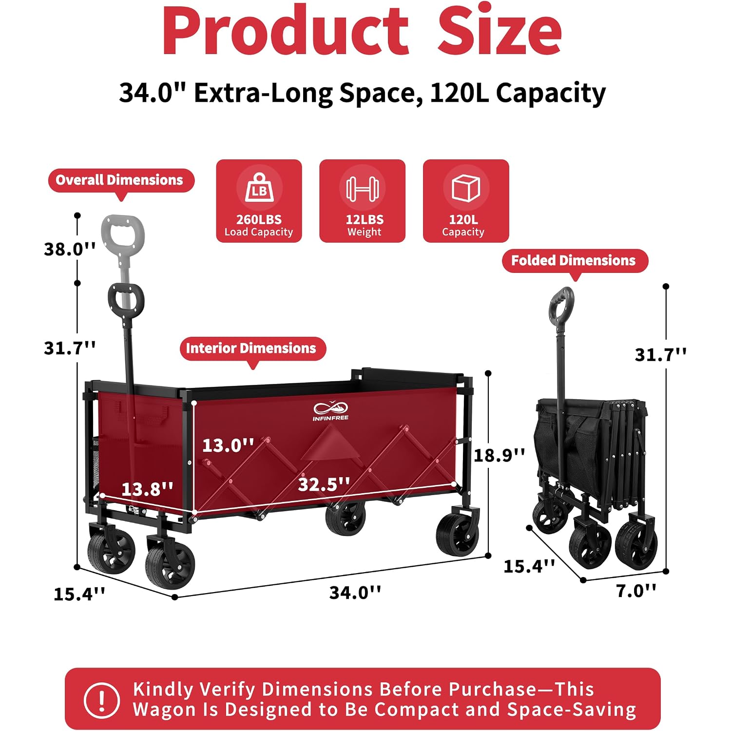 34" Extra Long Foldable Wagon With All-Terrain Wheels, 260 Lbs Capacity Collapsible Utility Cart For Grocery Shopping, Apartment Moving, Camping, Picnic, Sports (Black)