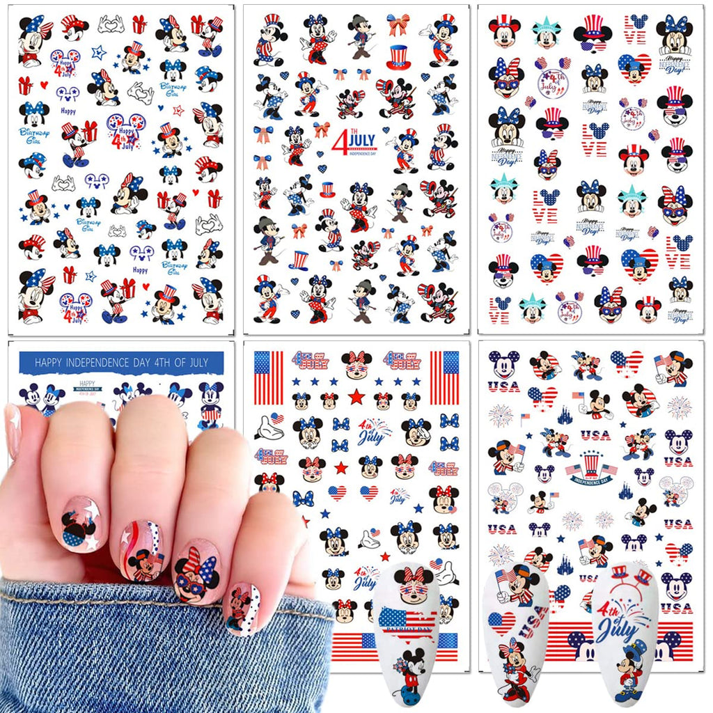 Independence Day Cartoon Nail Art Stickers 3D Self-Adhesive Designer Nail Stickers USA Patriotic Hearts Mouse Nail Design 4th of July Nail Decals for Women DIY Cute Holiday Nail Decoration 6 Sheets