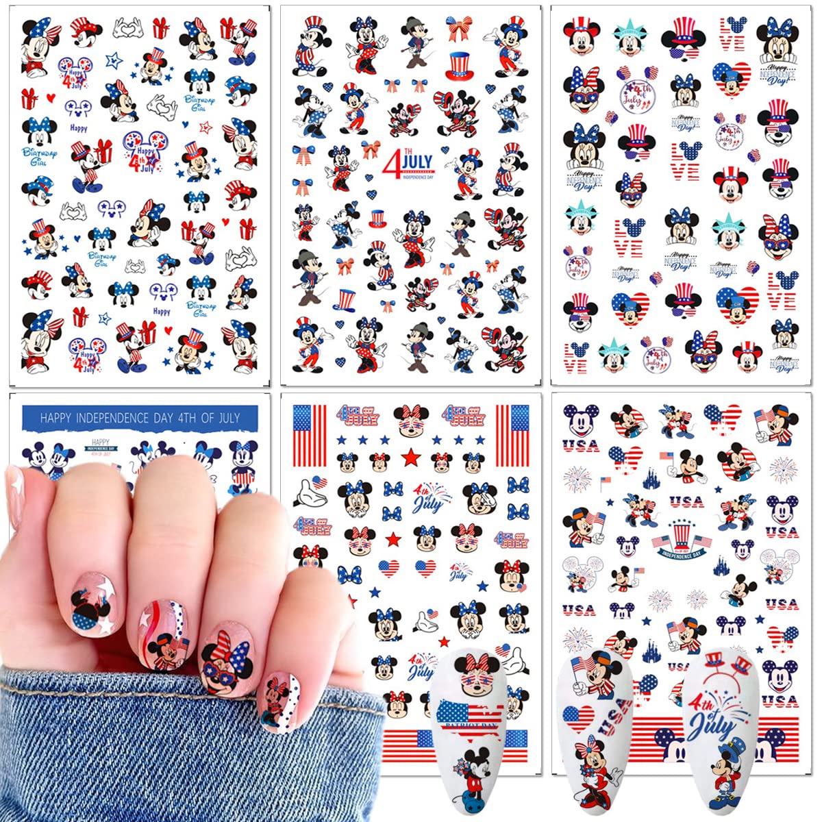 Independence Day Cartoon Nail Art Stickers 3D Self-Adhesive Designer Nail Stickers USA Patriotic Hearts Mouse Nail Design 4th of July Nail Decals for Women DIY Cute Holiday Nail Decoration 6 Sheets
