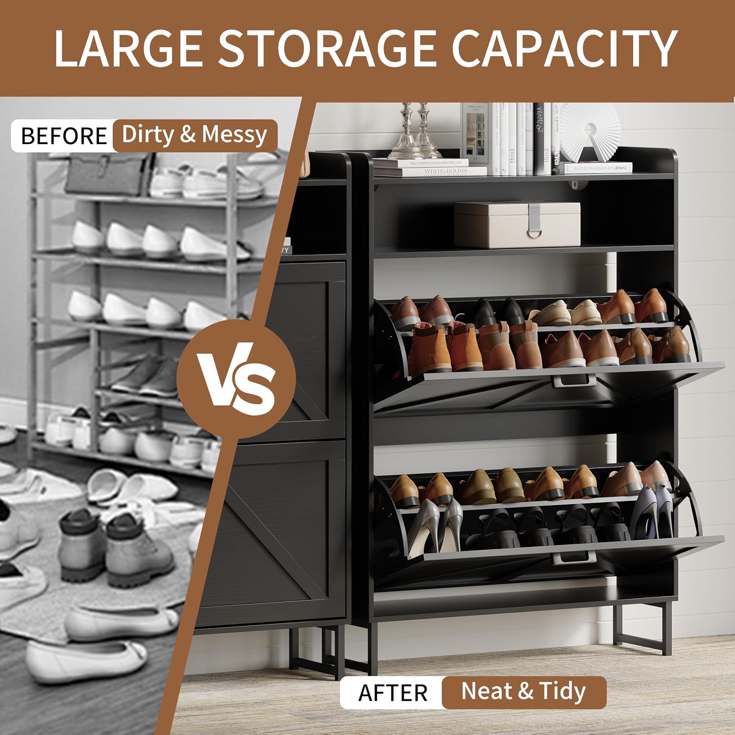 Shoe Cabinet With 2 Flip Drawers, Freestanding Hidden Shoe Storage Organizer For Entryway, Narrow Slim Shoe Rack Cabinet With Open Storage & Hooks For Front Door Entrance, Living Room, Hallway, Black