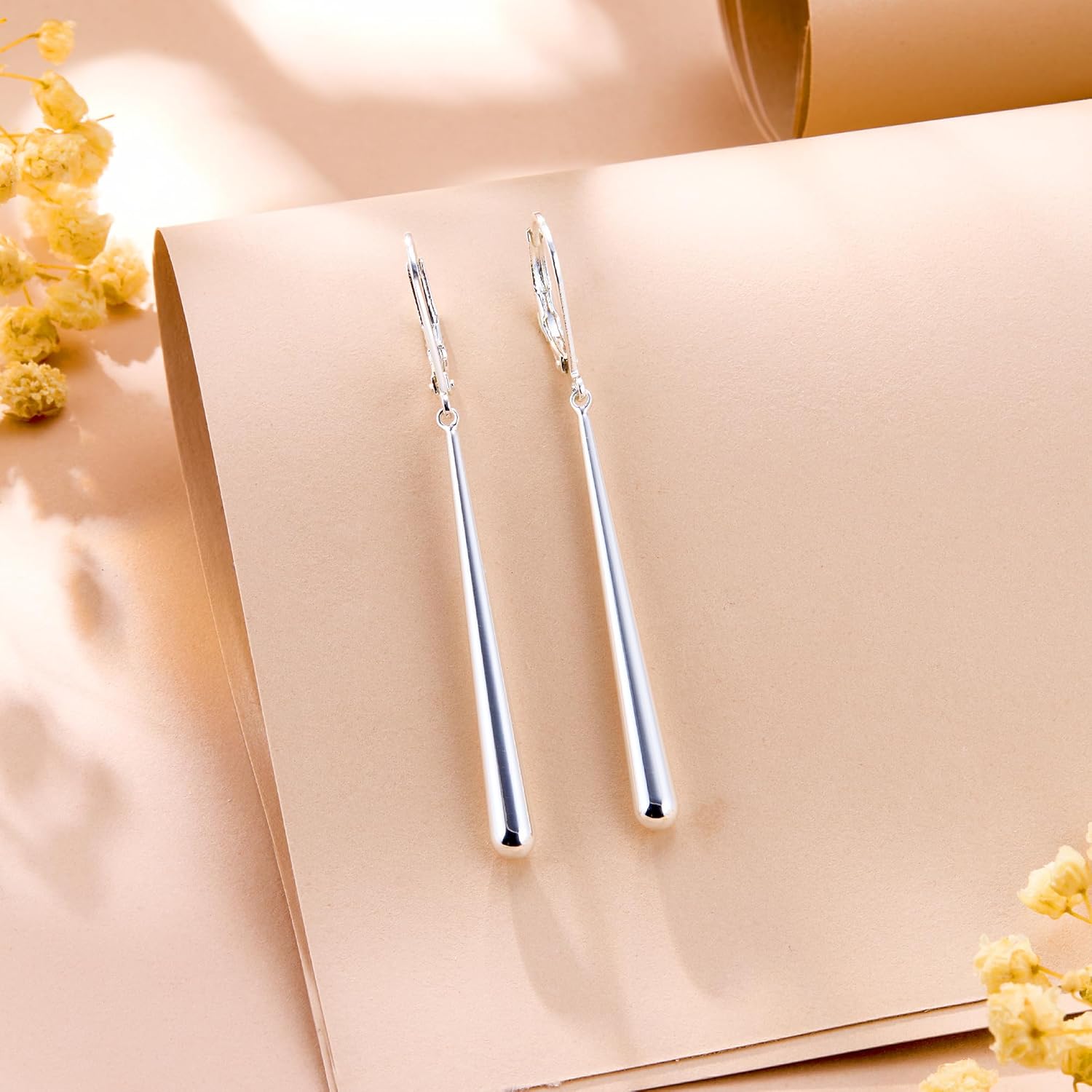 925 Sterling Silver Dangle Earrings 14k Gold Plated Long Strip Bar Waterdrop Leverback Earrings Hypoallergenic Lightweight Trendy Long Drop Earings for Women Lady Jewelry Gifts in Box