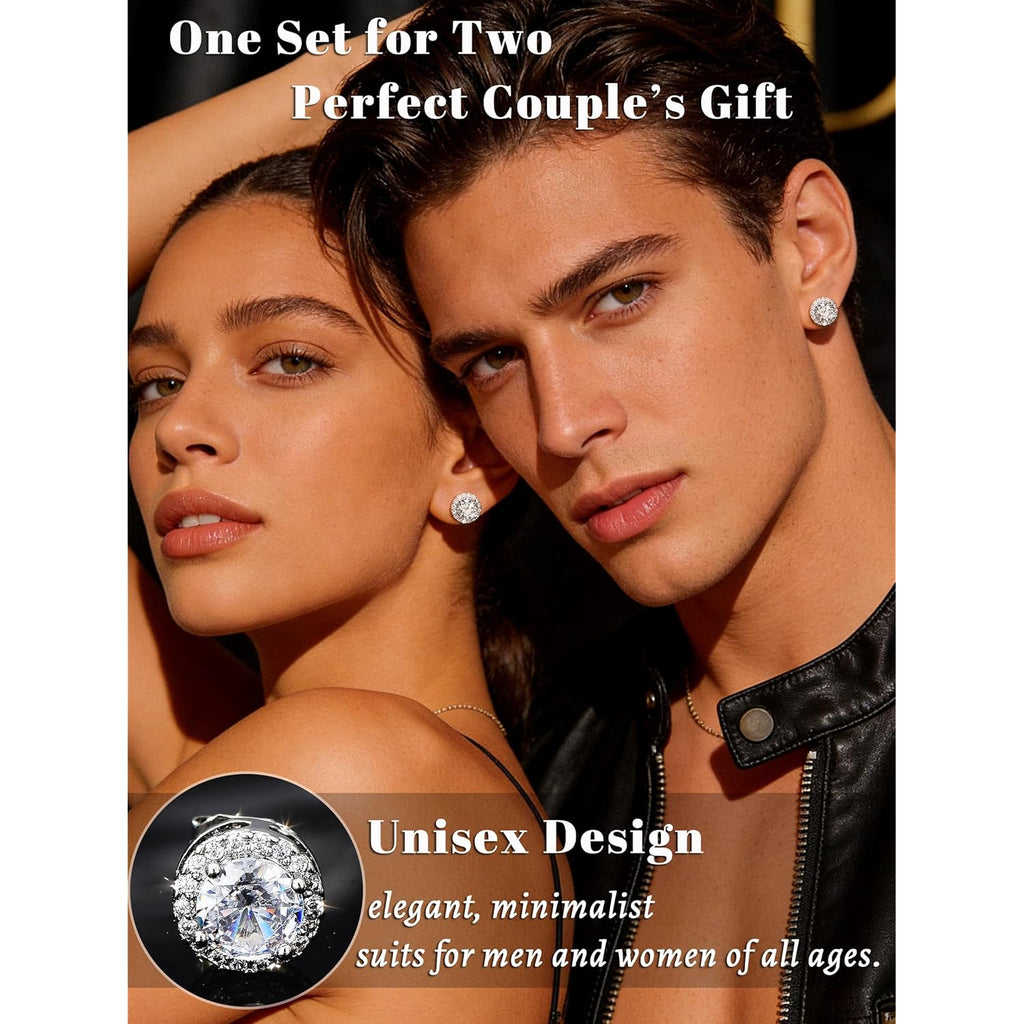 4 Pairs Silver Stud Earrings for Women, 18K Silver Plated Hypoallergenic Premium Cubic Zirconia Earrings, Halo Round Square Stud Earrings Set for Women Men