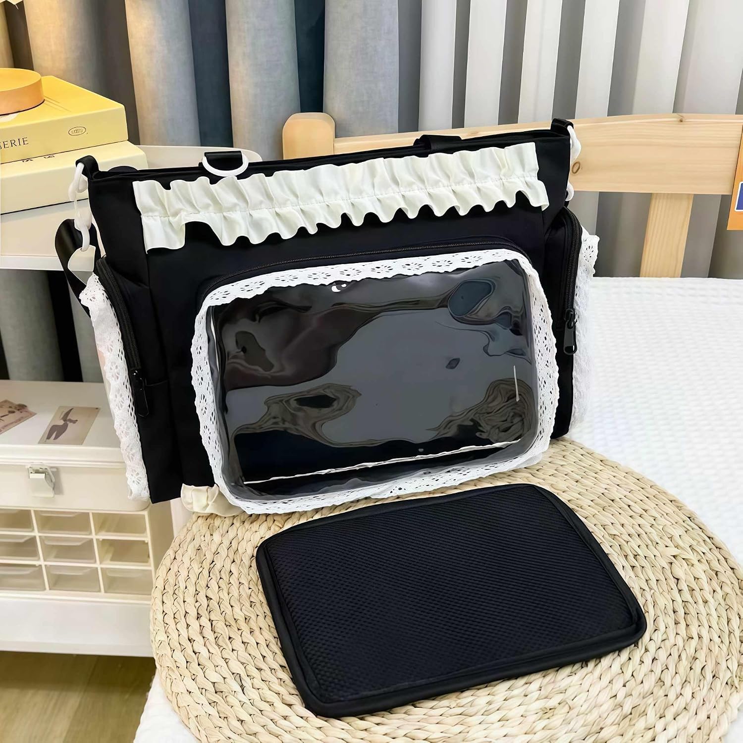 Ita Crossbody Tote Bag, Pin Display With Insert Large Messenger Bag, Cute Tote Bag With Zipper Ruffle, Japanese Aesthetic Y2K