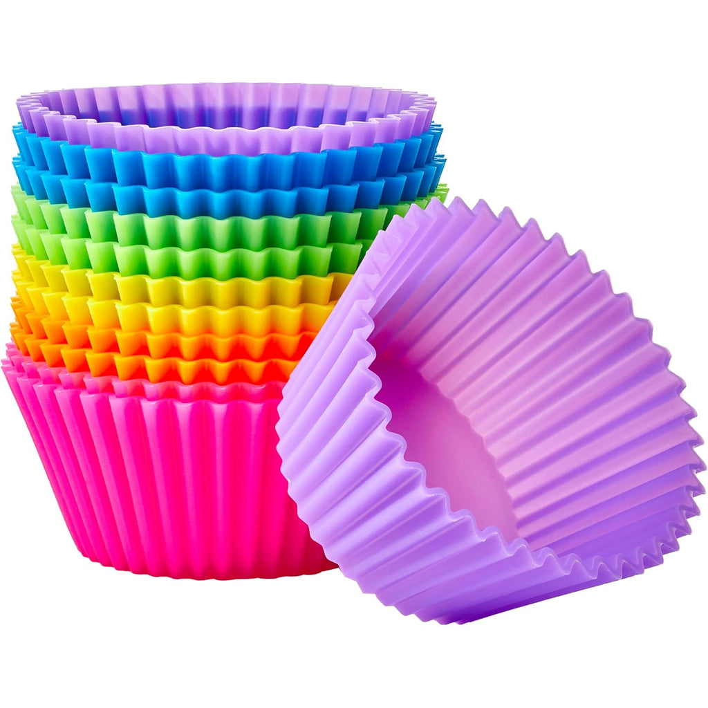 Amazon Basics Reusable Non-Stick Silicone Baking Cups, Bpa Free, Muffin Liners, Dishwasher Safe, Microwave And Oven Safe, 2.9 X 2.9 X 1.3 In (Lxwxh), Multicolor, 12-Pack