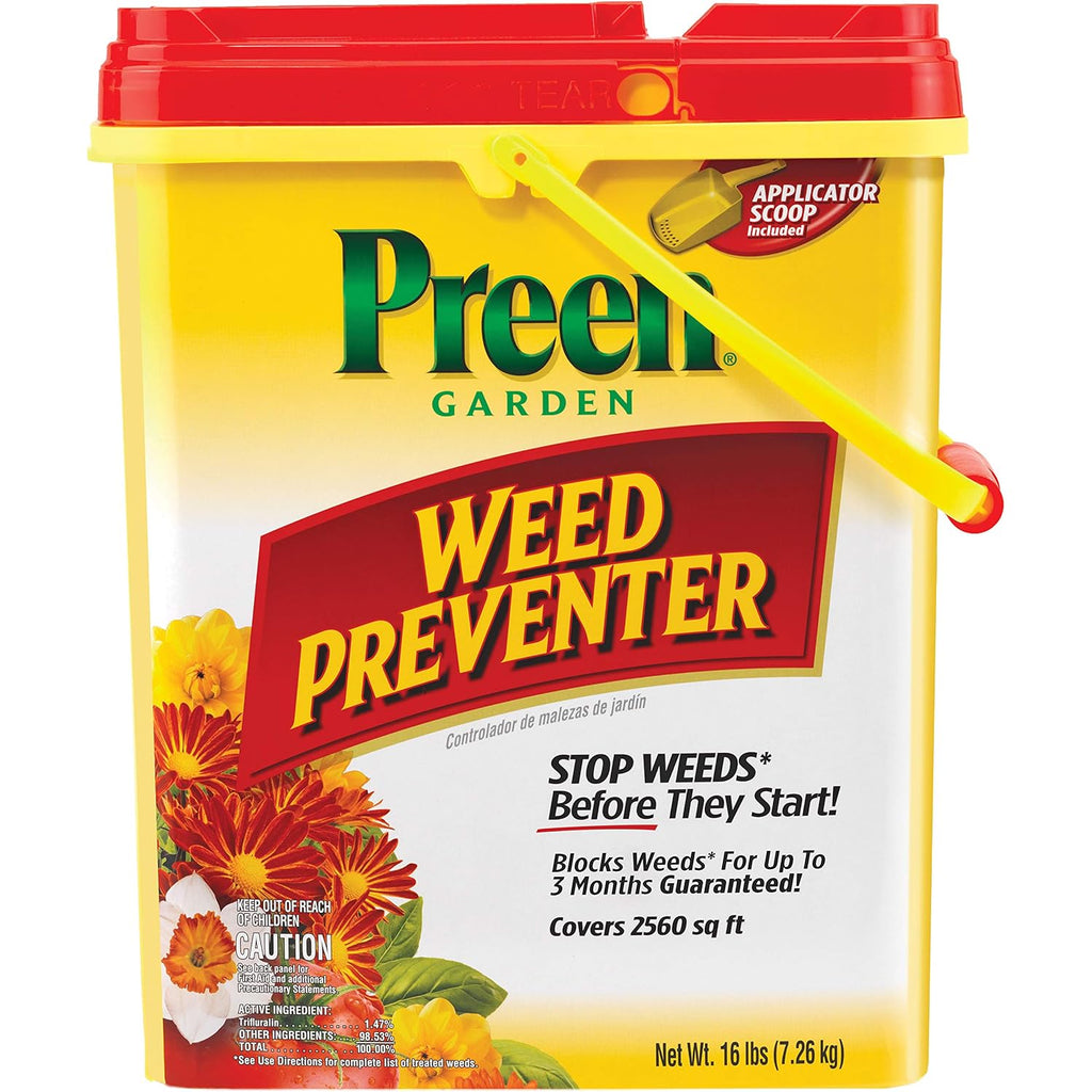 Preen Garden Weed Preventer 16 Lb. Drum, Covers 2,560 Sq. Ft. | Pre Emergent Weed Control For Flower And Vegetable Gardens - Prevents Weeds Up To 3 Months - Safe For Use Around 200 Plants