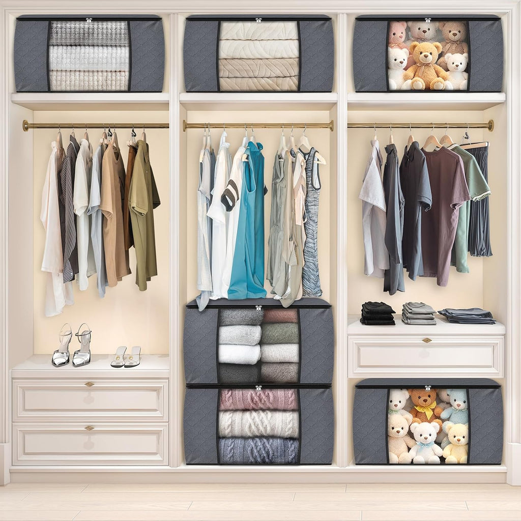 6 Pack Storage Bags For Clothes And Blanket, Foldable Closet Organizers And Storage With Zippers, Clear Window And Handles, Fabric Storage Bins For Sweater, Comforter, Bedding,Linen Sheets
