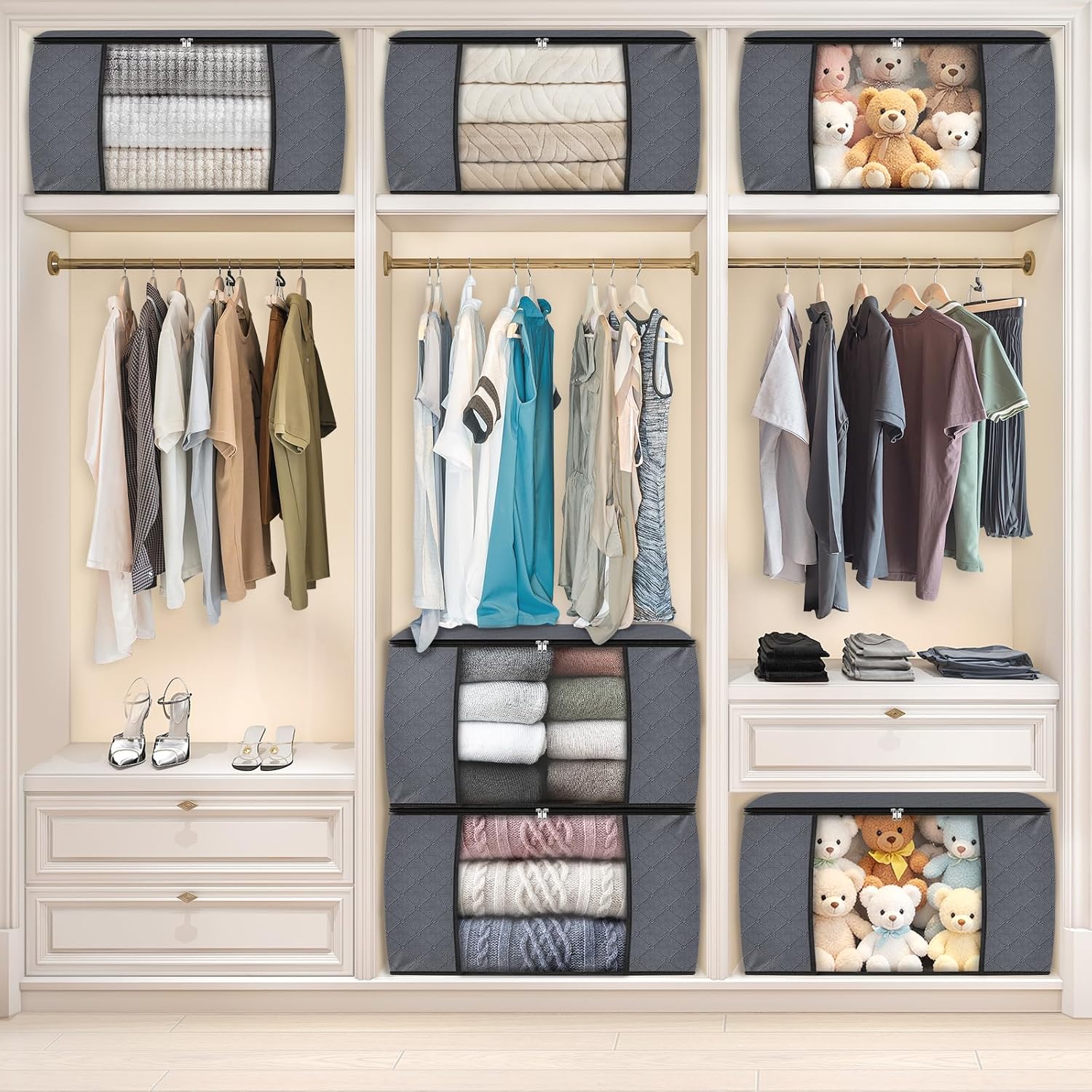 6 Pack Storage Bags For Clothes And Blanket, Foldable Closet Organizers And Storage With Zippers, Clear Window And Handles, Fabric Storage Bins For Sweater, Comforter, Bedding,Linen Sheets