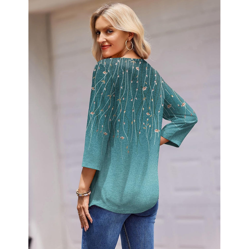 3/4 Length Sleeve Womens Tops Round Neck Casual Summer Tunic Tops Basic Tees Blouses Dressy T-Shirts Pleated Shirts