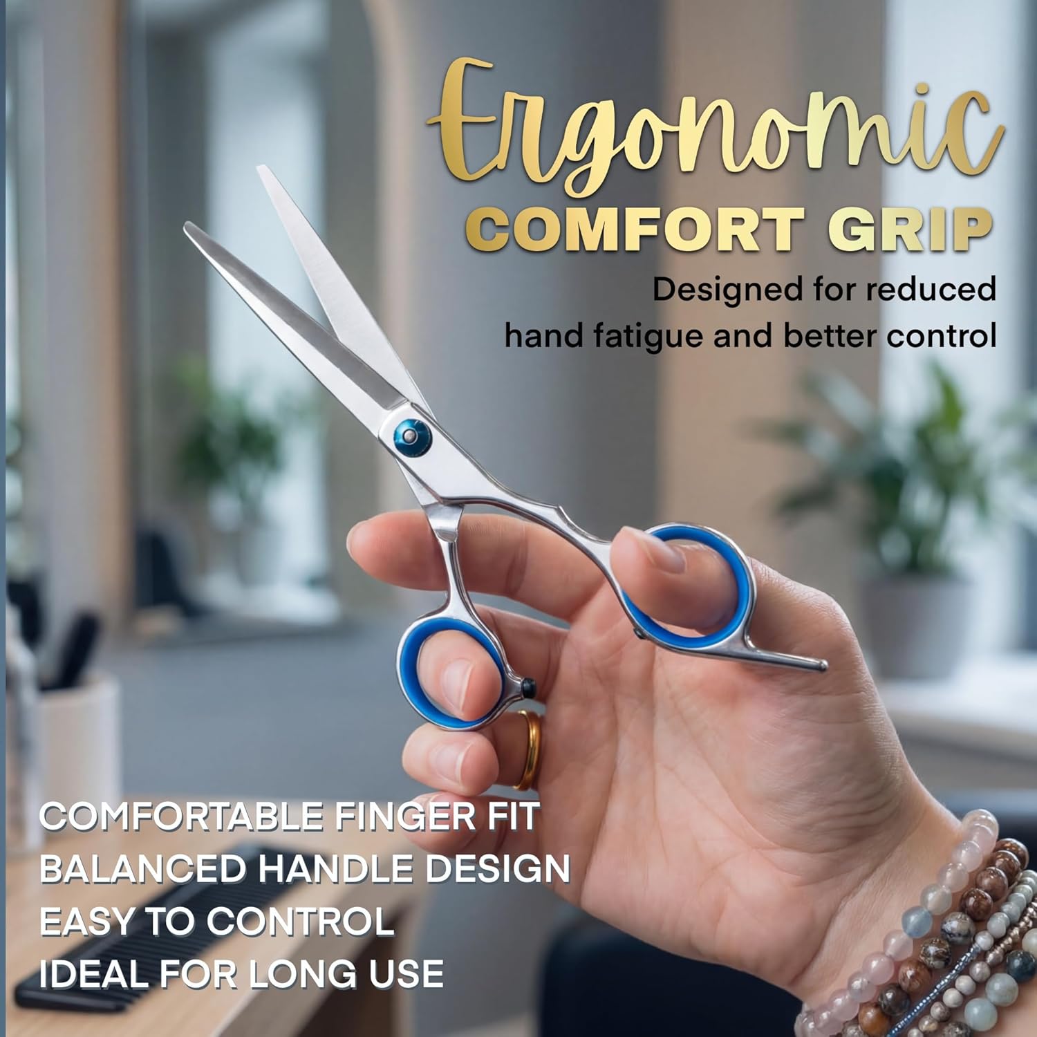 6.5” Stainless Steel Hair Cutting Scissors with Adjustable Tension Screw & Finger Rings, Professional Barber Shears for Men Women, Sharp Haircut Scissors Kit with Comb for Salon Home Use
