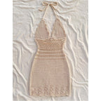Gorglitter Women'S Crochet Halter Mini Dress Boho 90S Bow Tie Backless Bodycon Knit Festival Western Cowgirl Country Dresses
