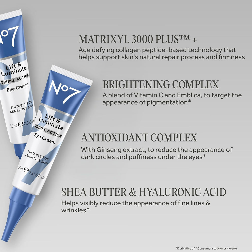 No7 Lift & Luminate Triple Action Under Eye Cream - Dark Circles Under Eye Treatment With Vitamin C & Collagen Peptide Technology - Helps Reduce Puffiness, Bags & The Appearance Of Wrinkles (0.5 Oz)