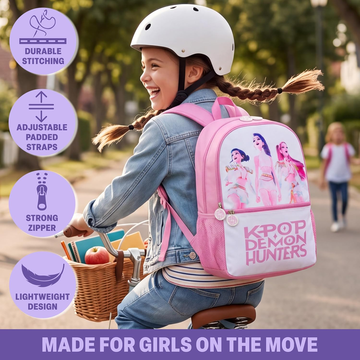 Get Trend Kpop Demon Hunters Backpack For Girls, Officially Licensed 18In Bookbag & Adjustable Padded Straps, Lightweight Travel School Bag, Huntrix Gifts For Girls (Pink/White)