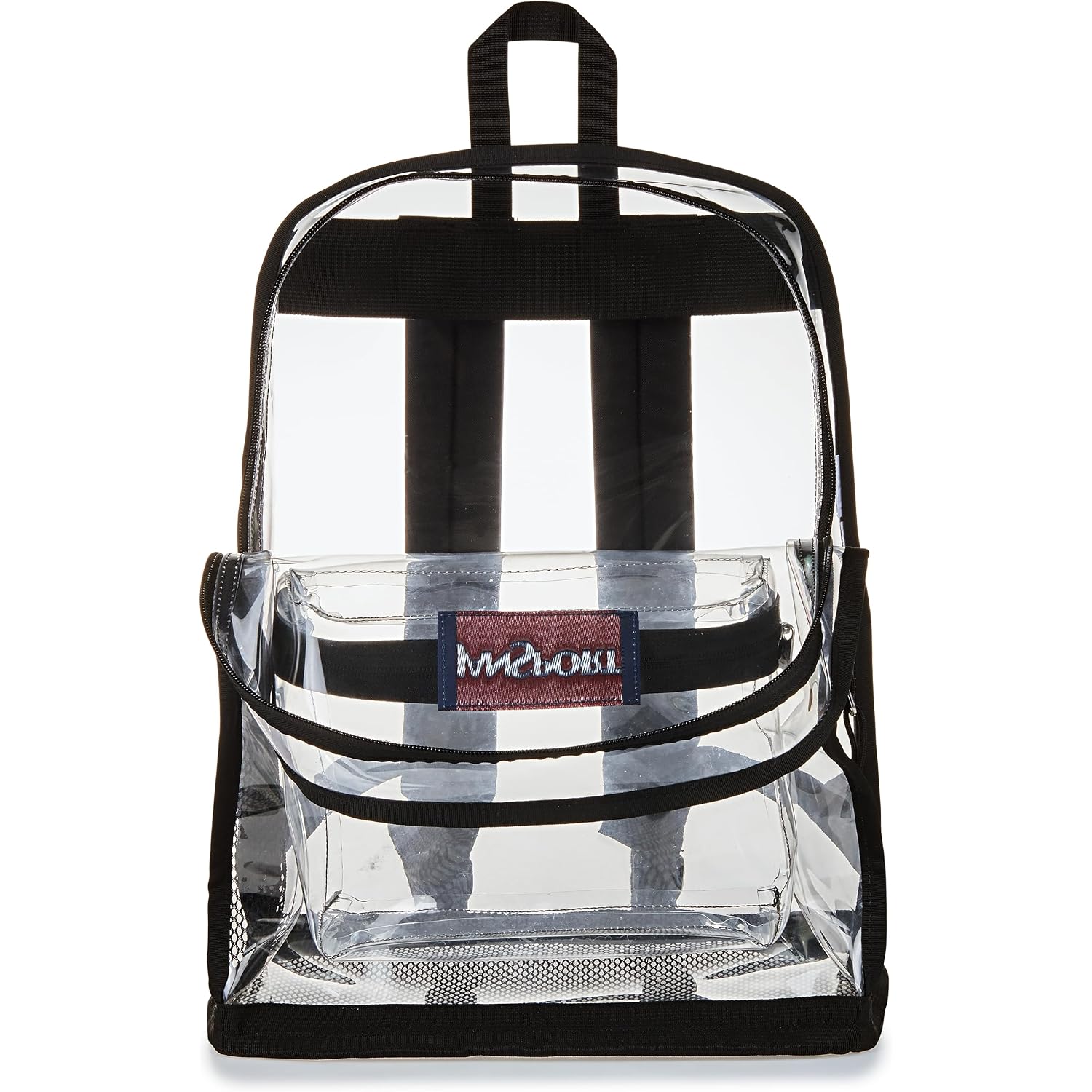 Jansport Clear Pack – 25.5L Transparent Backpack, Large Main Compartment, Side Water Bottle Pocket, Front Zippered Pocket, Mesh Bottom Panel, Clear