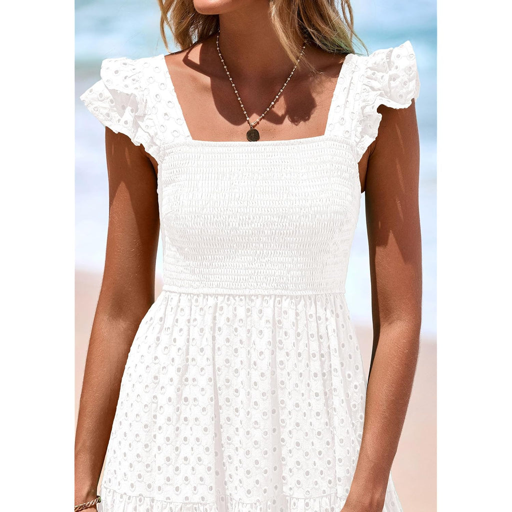 Prettygarden Womens Summer Square Neck Maxi Dresses Cap Sleeve Eyelet Smocked Tiered A Line Flowy Long Dress With Pockets