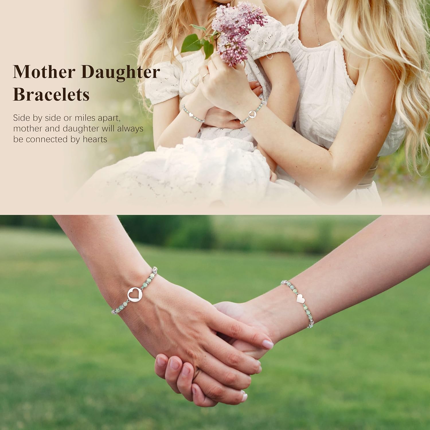 JoycuFF Mother Daughter Bracelets Set, Natural Amazonite Stainless Steel Heart Jewelry for Women, Mothers Day Gifts for Mom/Daughter, Adjustable Matching Bracelets for Mommy and Me Gifts
