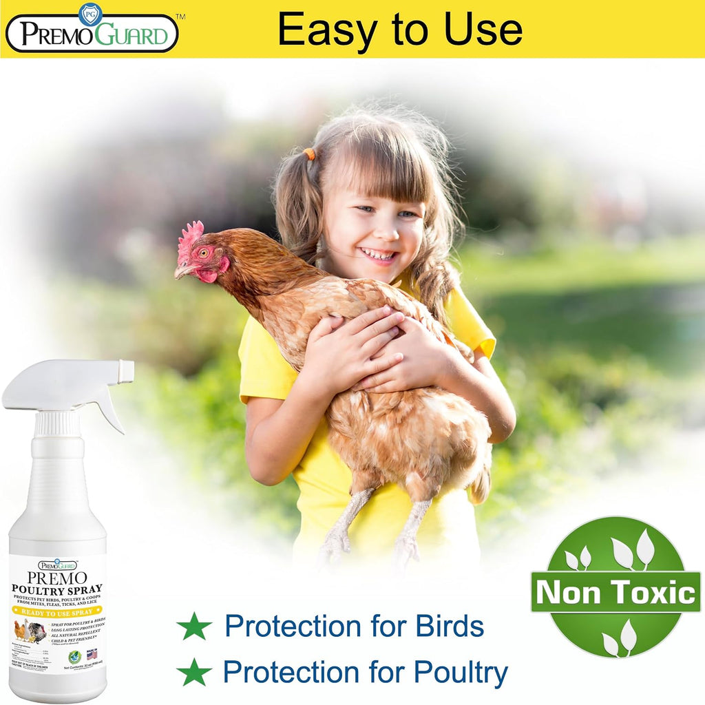 Premo Guard Poultry Spray - 32 Oz - Kill Scaly Leg, Mites, Fleas, Lice, & Other Pest On Chickens And In Coops - Natural Plant Based Oils For Control, & Prevention - Family Safe With No Egg Withdrawl