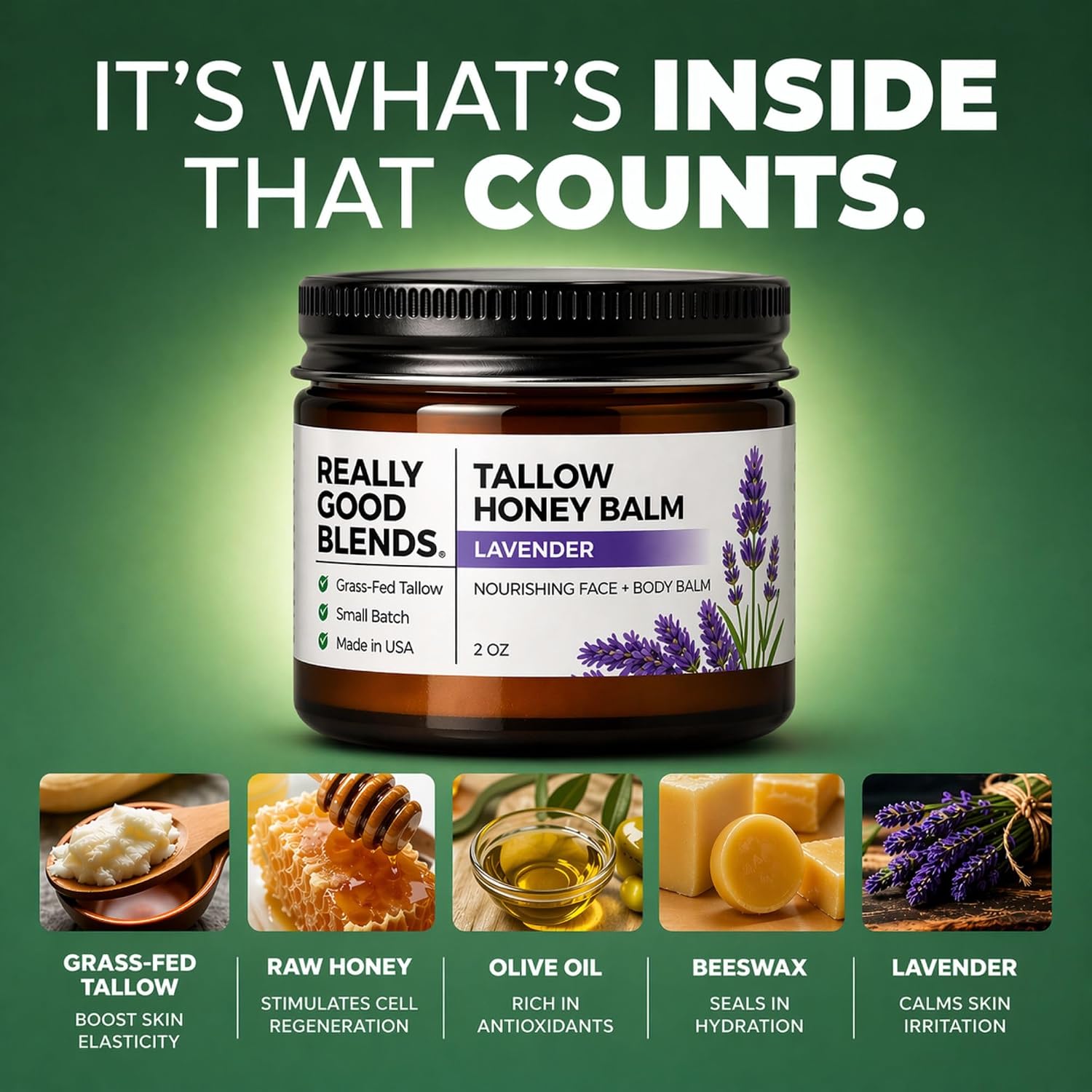 Really Good Blends - Tallow Honey Balm, Organic Body Butter, Grass-Fed Beef Tallow For Skin, Soothing All-Natural Moisturizer For Body And Face | Made In Usa - 2 Oz (Lavender)