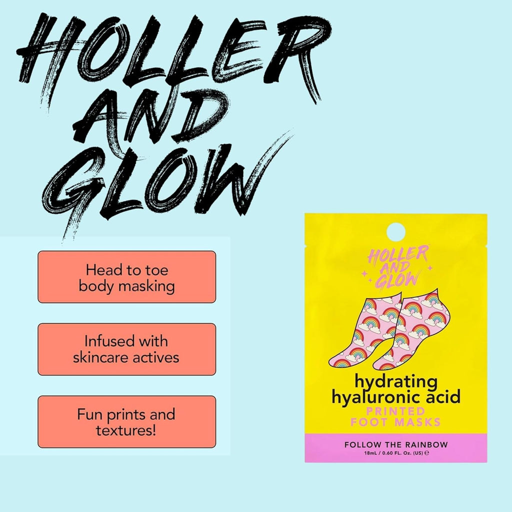 Holler And Glow Printed Foot Mask Variety Pack, Masks For Dry Cracked Feet, Peach & Vanilla Scented, Infused With Hyaluronic Acid, Hydrating Foot Care Treatment, Moisturizing Socks, 6 Piece Set