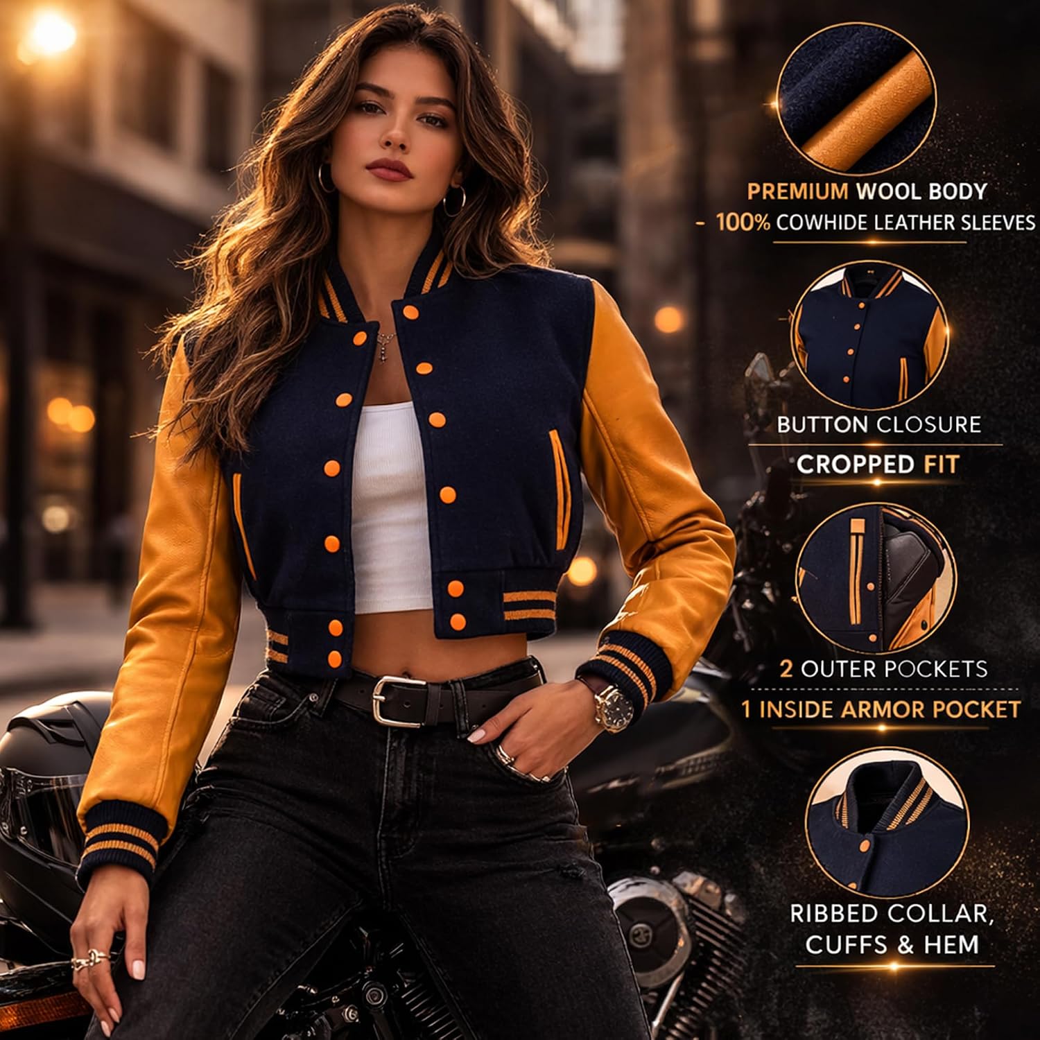 Cropped Varsity Jacket Women - Premium Quality Leather And Wool Baseball Letterman Jacket For Women'S, Long Sleeve