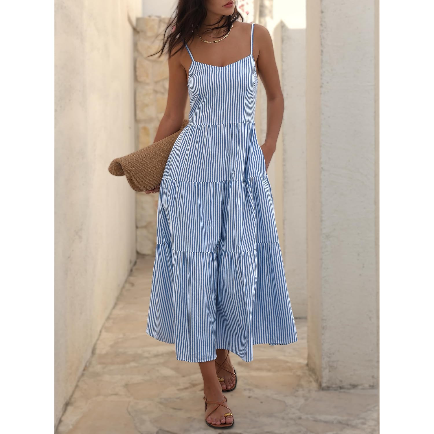Anrabess Womens Summer Midi Dresses Casual Striped Plaid Sleeveless Flowy Maxi Dress 2026 Beach Vacation Sundress