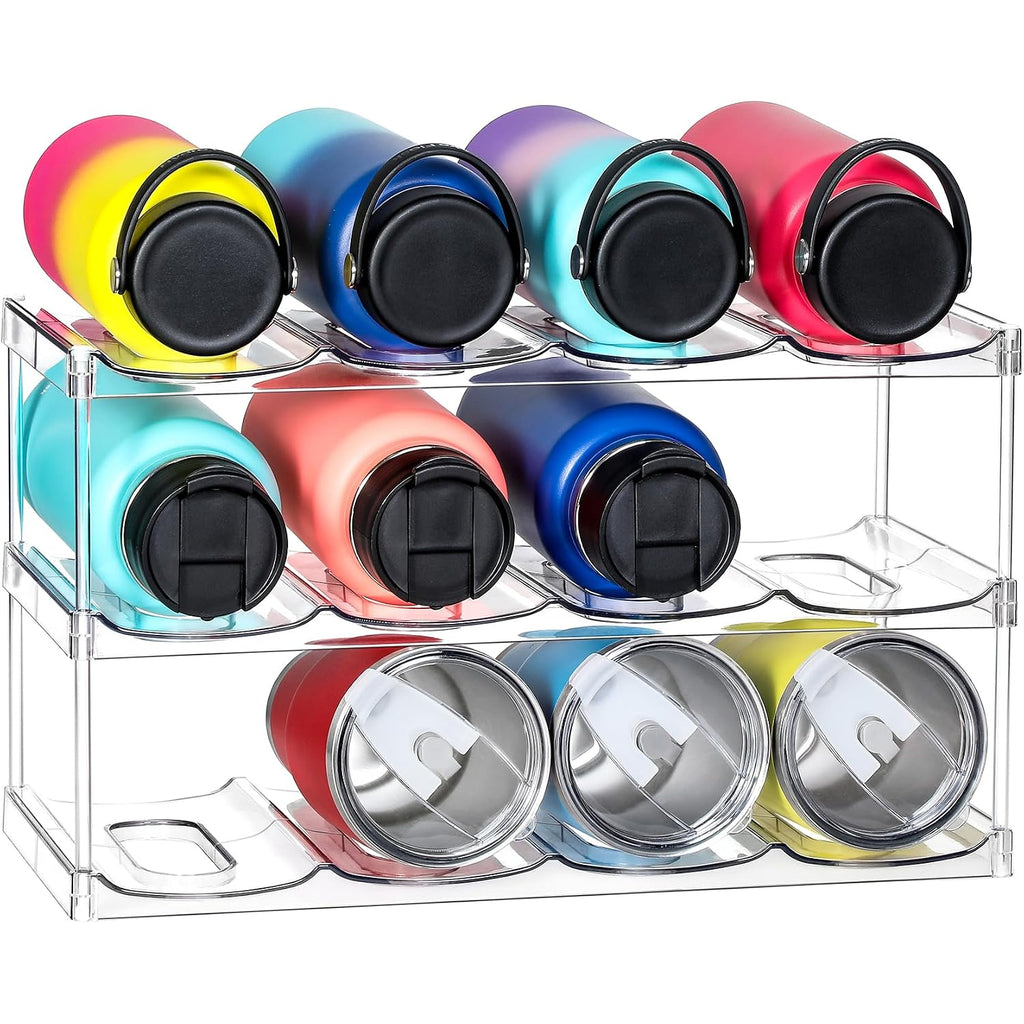 Larger Compartment - 3 Tier Stackable Water Bottle Organizer Holder - For Stanley 40Oz & Others' Large Tumbler - Clear Wine Rack, 12 Cup Bottle Holder For Cabinet Home Countertop Fridge Pantry Shelf