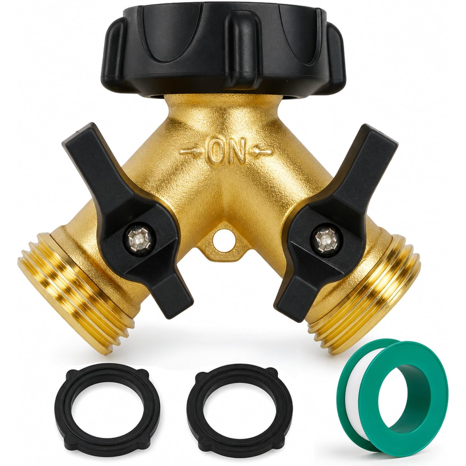 Hourleey Brass Garden Hose Splitter 2 Way, 3/4 Inch Hose Connector Tap Splitter, Hose Y Splitter, Hose Spigot Adapter 2 Valves With Extra Rubber Washers
