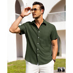 Alimens & Gentle Mens Linen Shirts Short Sleeve Button Down Shirts Wrinkle Free Casual Vacation Beach Summer Tops