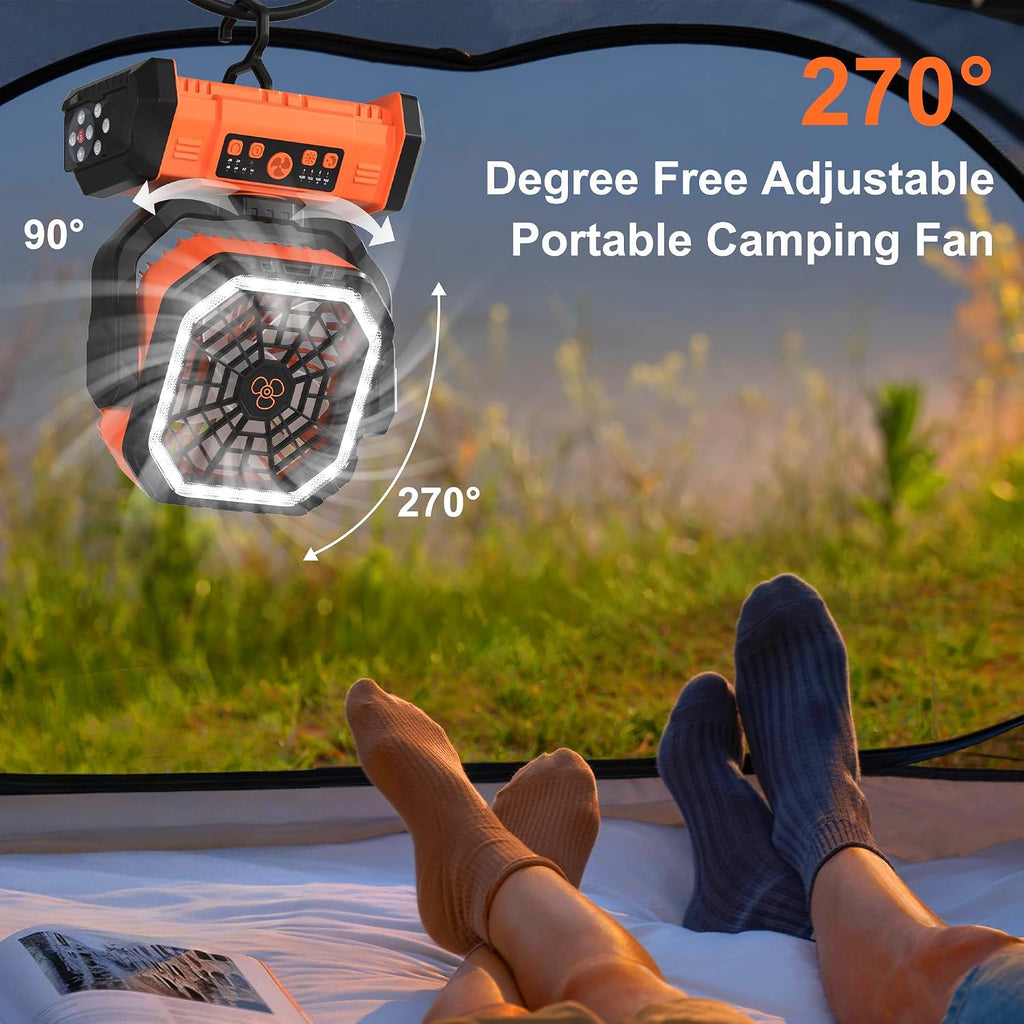 Portable Rechargeable Fan 20000Mah, Camping Fan With Led Light & Remote, Usb C Cordless Battery Powered, 4 Speeds Timer Hanging Hook For Travel Tent Outdoor Essentials - Orange