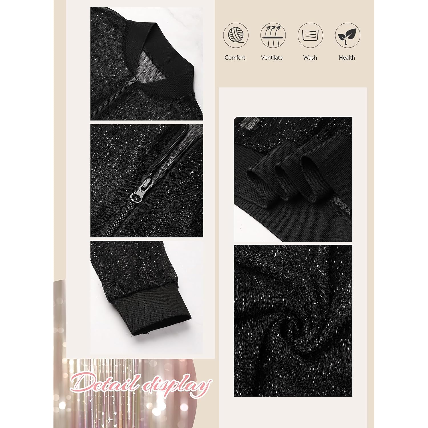 Nlife Women Sheer Mesh Sparkly Crop Bomber Jacket See Thru Glitter Rave Festival Clubwear Night Out Party Concert Outfit