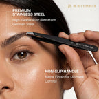 Beauty Power Tweezers for Women Facial Hair: Ultra Precision Tweezers for Women & Men, Sharp Slant Tweezer for Eyebrows, Ingrown Hair Removal. Professional Plucker + Case, German Stainless Steel Black