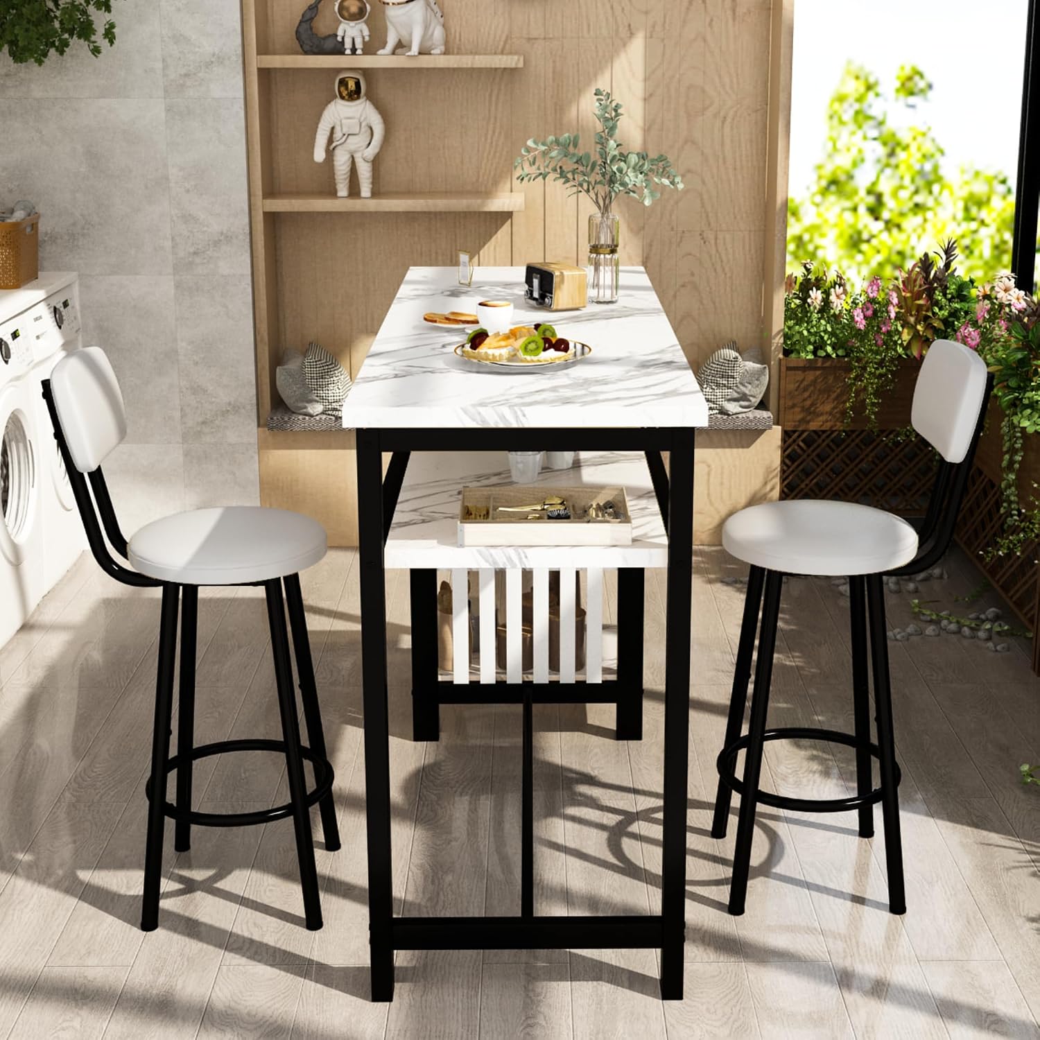 Awqm 3-Piece Bar Table And Chairs Set, Modern White Faux Marble Table With 2 Pu Cushion Bar Stools, Kitchen Counter With 3 Tier Storage Shelves, Space Saving Table For Home & Kitchen, Black Frame