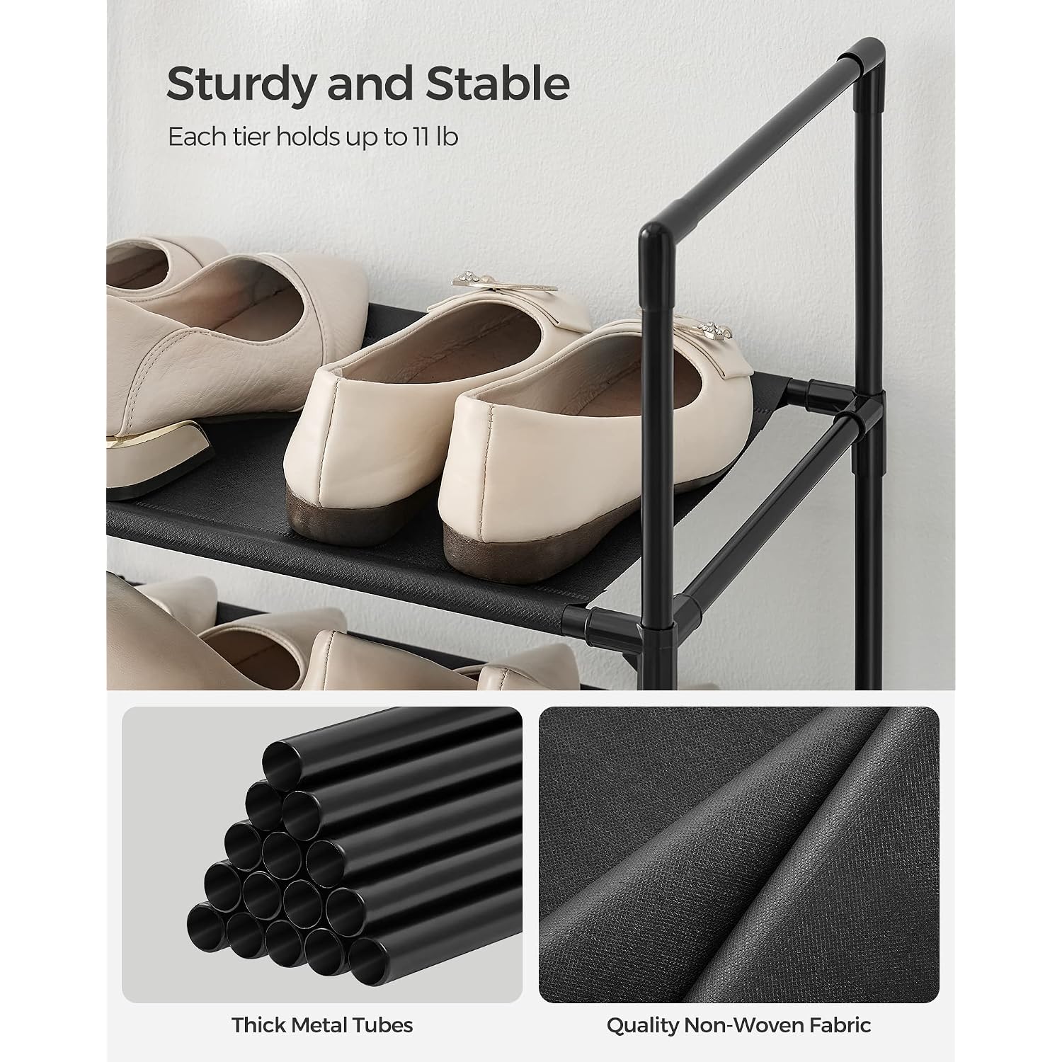 Songmics Shoe Rack, 10-Tier Shoe Shelf, Shoe Storage Organizer, 11 X 17.7 X 68 Inches, Metal Frame, Non-Woven Fabric Shelves, For Entryway, Bedroom, Black Ulsh010B02