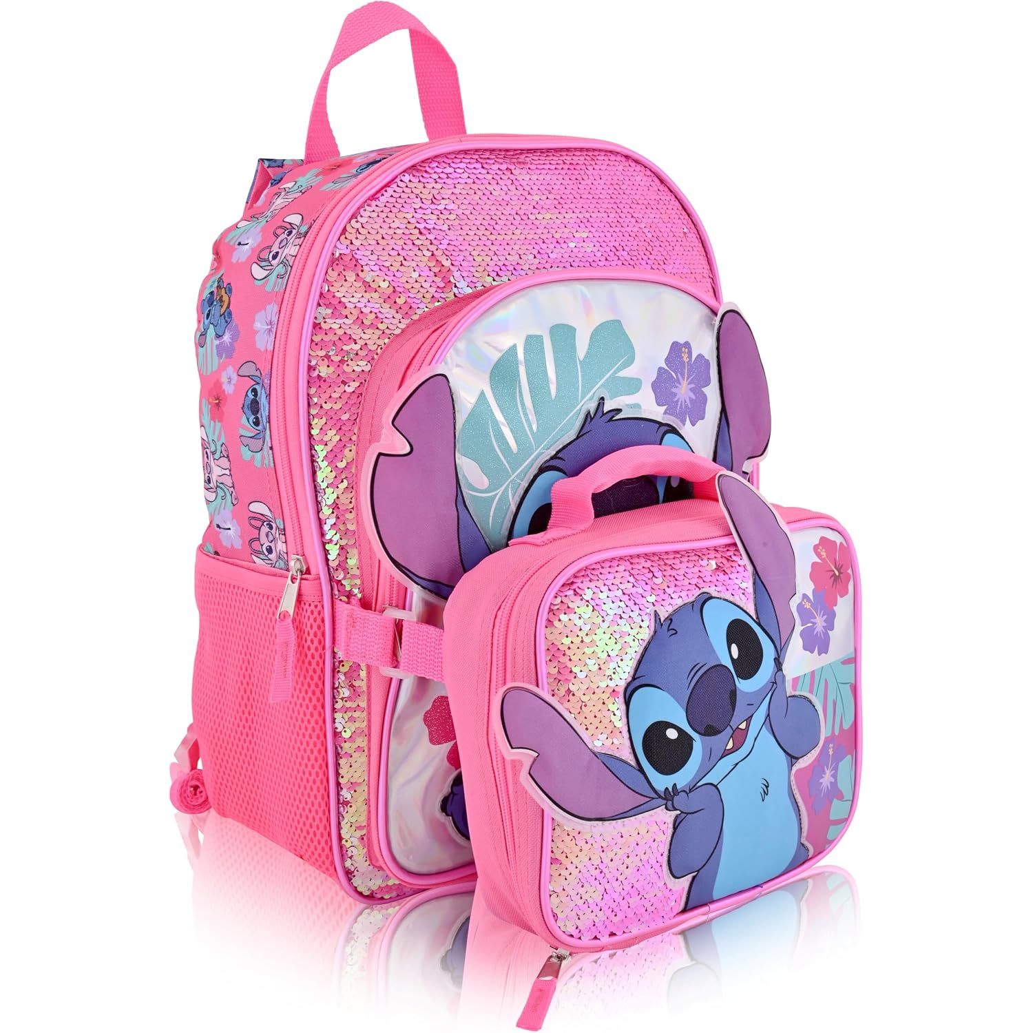 Disney Lilo And Stitch Backpack With Lunch Box For Girls With Glitter | Sequined Insulated Lunch Bag Lunch Box For Girls, Boys, Toddlers | Stitch Pink Backpack For School And Reusable Lunchbox