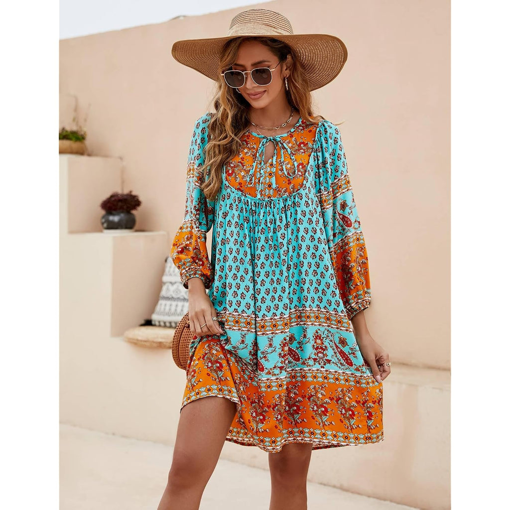 Bluetime Women Casual Summer Dress Boho V Neck 3/4 Sleeve Babydoll Floral Print Flowy Beach Dress