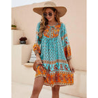 Bluetime Women Casual Summer Dress Boho V Neck 3/4 Sleeve Babydoll Floral Print Flowy Beach Dress