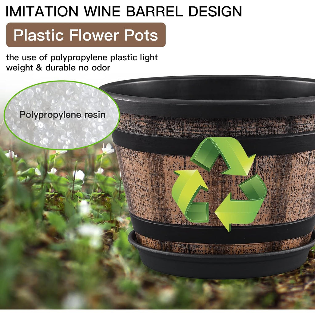 3 Pack 10 Inch Plant Pots,Whiskey Barrel Planters With Drainage Holes & Saucer, Plastic Decoration Flower Pots Imitation Wine Barrel Design, For Indoor & Outdoor Garden Home Plants (Brown)