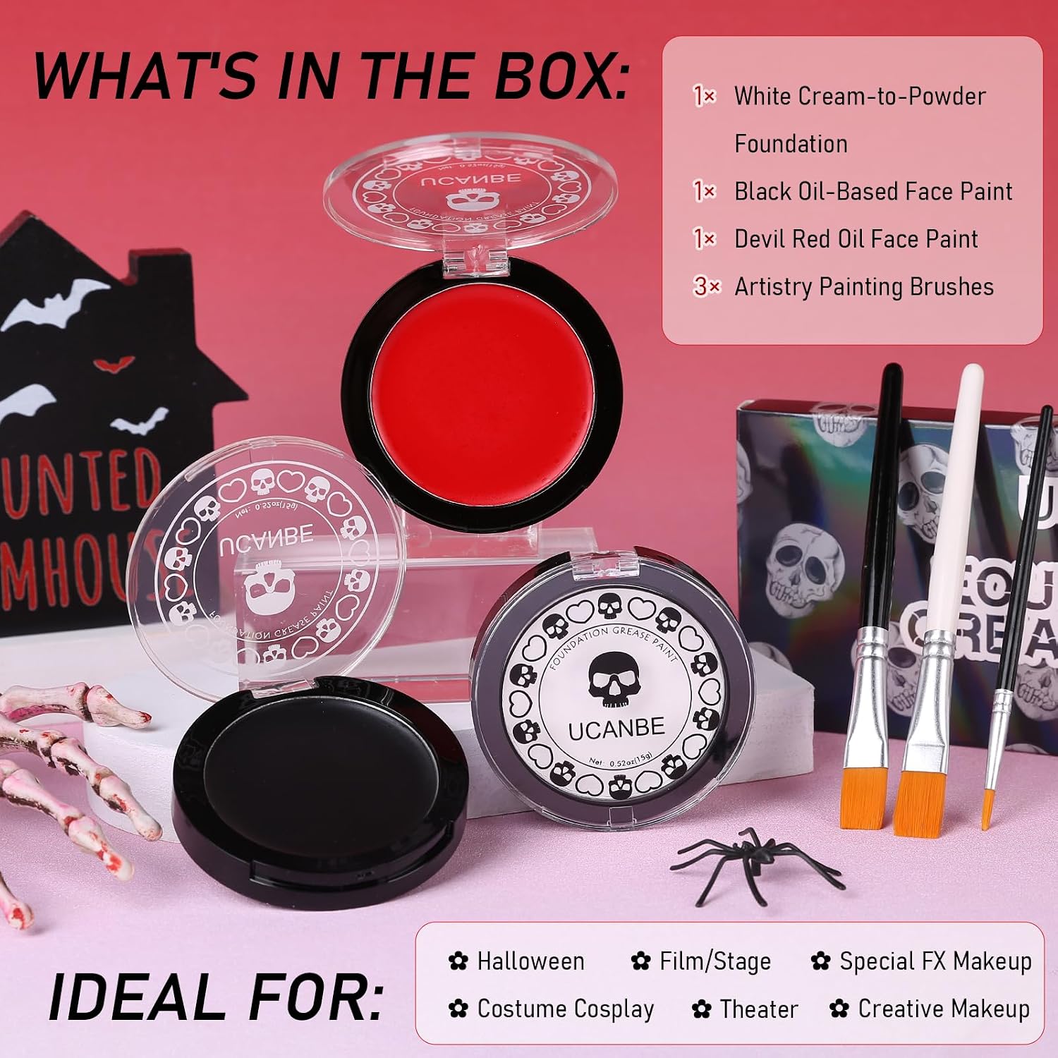Goth White Foundation + Black Red Face Body Paint For Halloween Makeup, Face Painting Kit With Brushes Facepaint Set For Adults Clown Vampire Skull Sfx Make Up Costume Cosplay Party Theater Stage