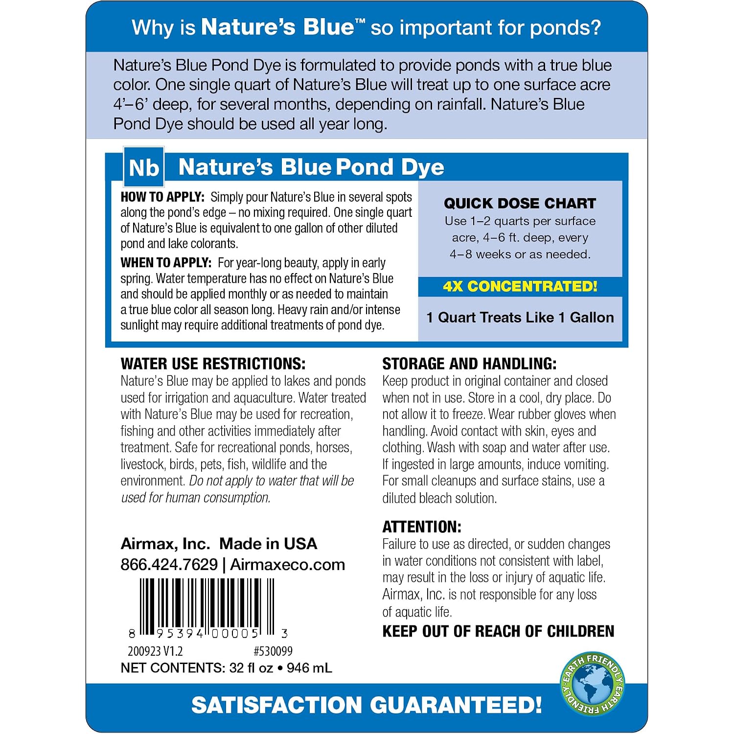 Airmax Nature'S Blue Pond & Lake Dye 4X Concentrate, 1 Quart | Natural Pond Colorant & Beauty Enhancer For Outdoor Ponds & Lakes, Blocks Ultraviolet Rays, Fish, Bird & Livestock Safe